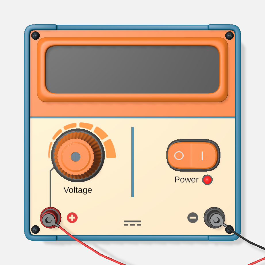 A DC source switched off by its current limit: the display is dark, the indicator is red