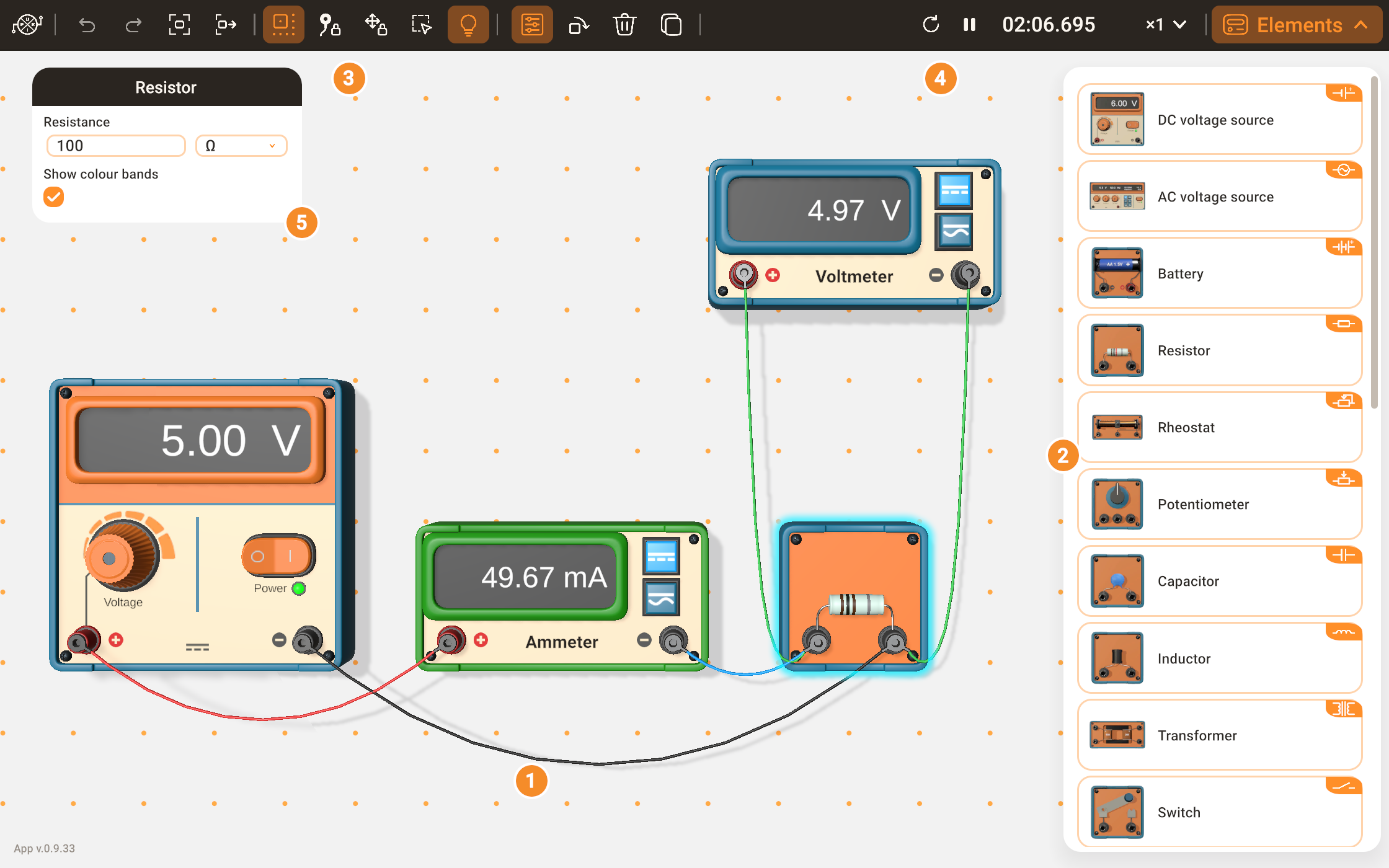 The lab window with numbered parts: the workspace, the Elements panel, the toolbar, the simulation clock and the parameter card
