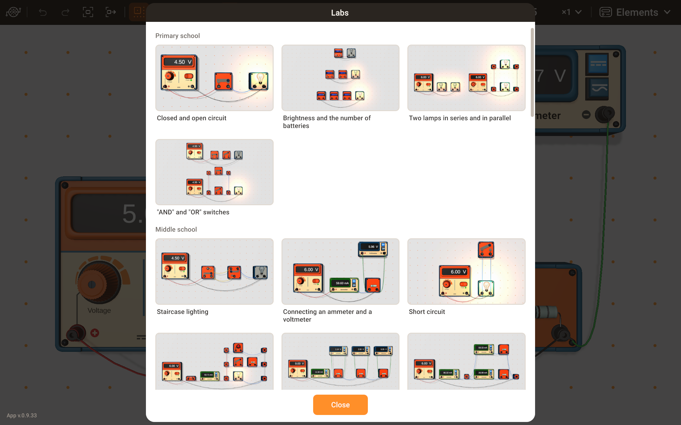 The list of labs: cards with a picture and a title, grouped by school level