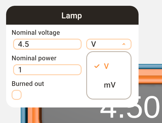 The parameter card of a lamp: two numbers with their units, a unit list open, and the Burned out box