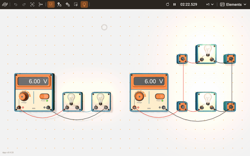 Room light switched off and on over a circuit with lit lamps