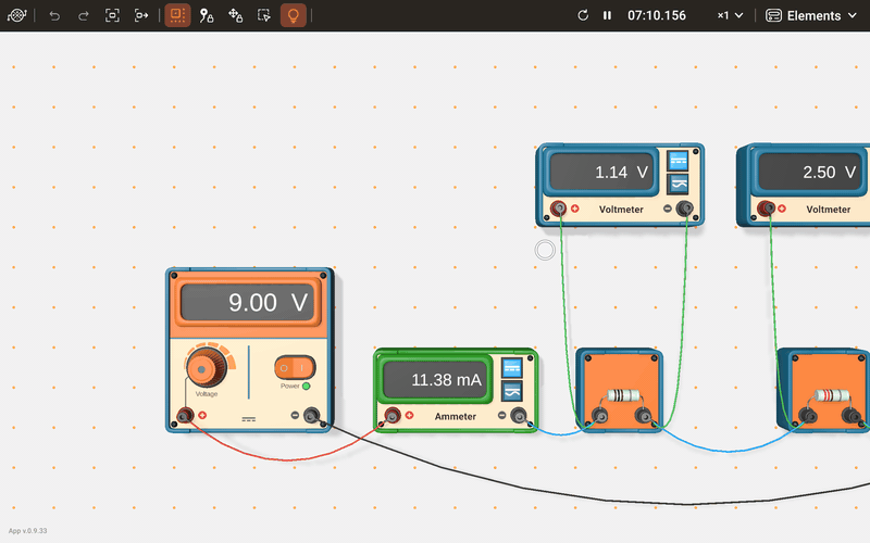 A voltmeter held near the edge of the workspace: the view scrolls, and the voltmeter lands beyond what was in view