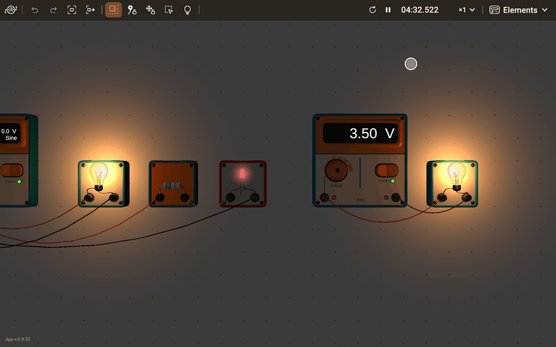 Two lamps in the dark, one on alternating and one on direct current: with the Speed slider at its slowest, the first one and the LED beside it pulse
